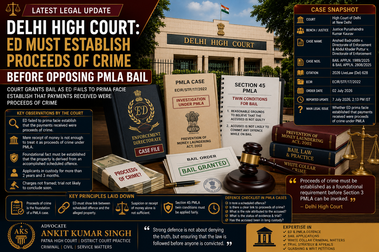 Delhi High Court: ED Must Establish Proceeds of Crime Before Opposing PMLA Bail
