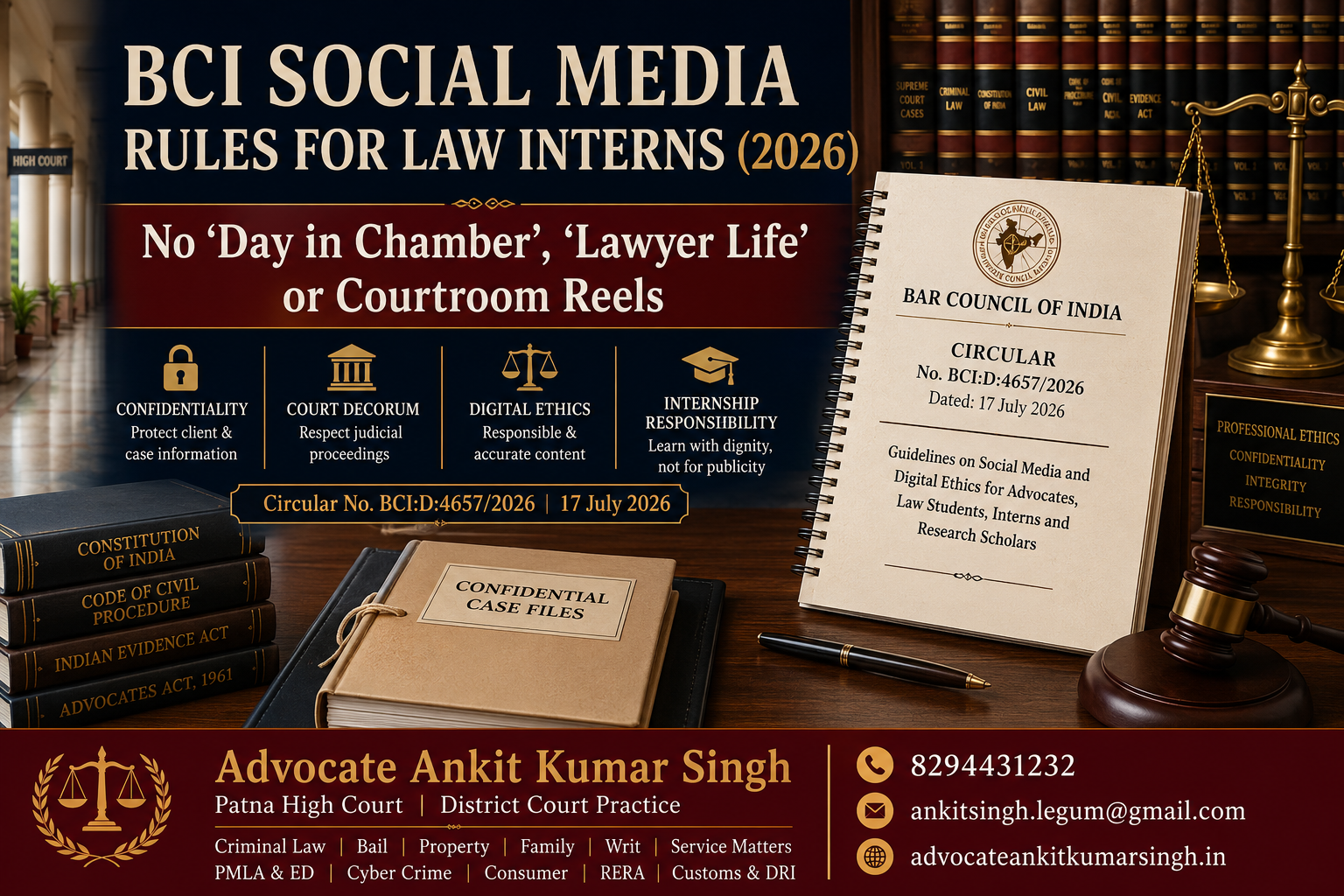 BCI Social Media Rules for Law Interns 2026: No More ‘Day in Chamber’ or ‘Lawyer Life’ Reels. Bar Council of India Social Media Guidelines 2026 for Advocates.
