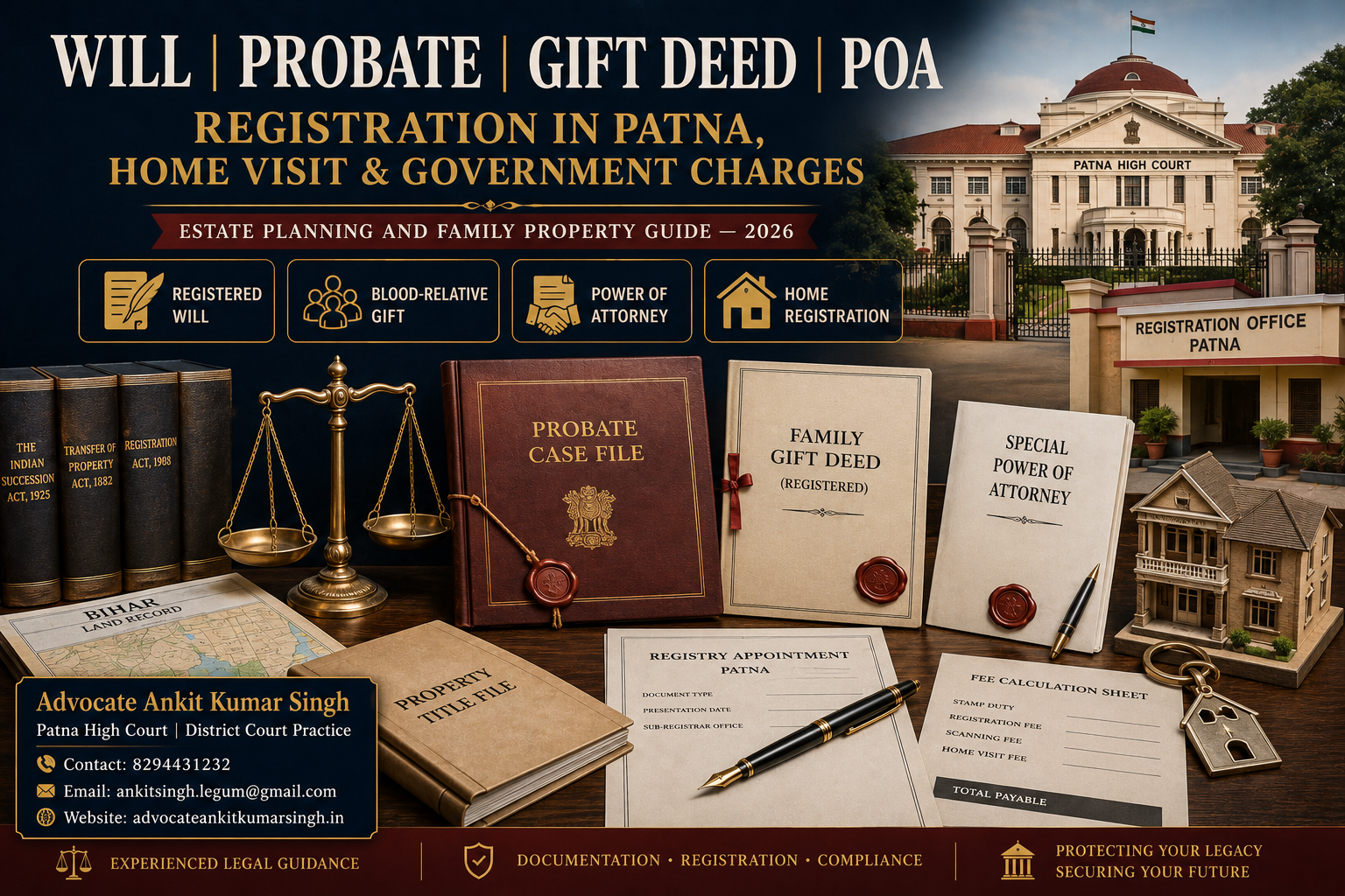 Will, Probate, Blood-Relative Gift Deed and Power of Attorney in Patna: Registration, Home Visit and Charges. Patna Will and Property Registration Guide 2026.