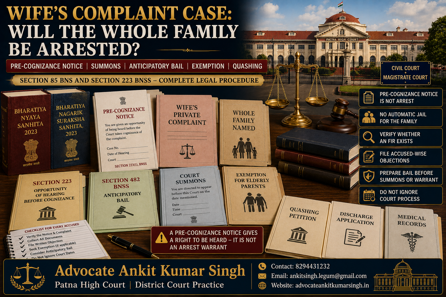 Wife Files Section 85 BNS Complaint Against Entire Family: Arrest, Summons, Bail and Protection Explained.Pre-Cognizance Notice in Wife’s Complaint Case