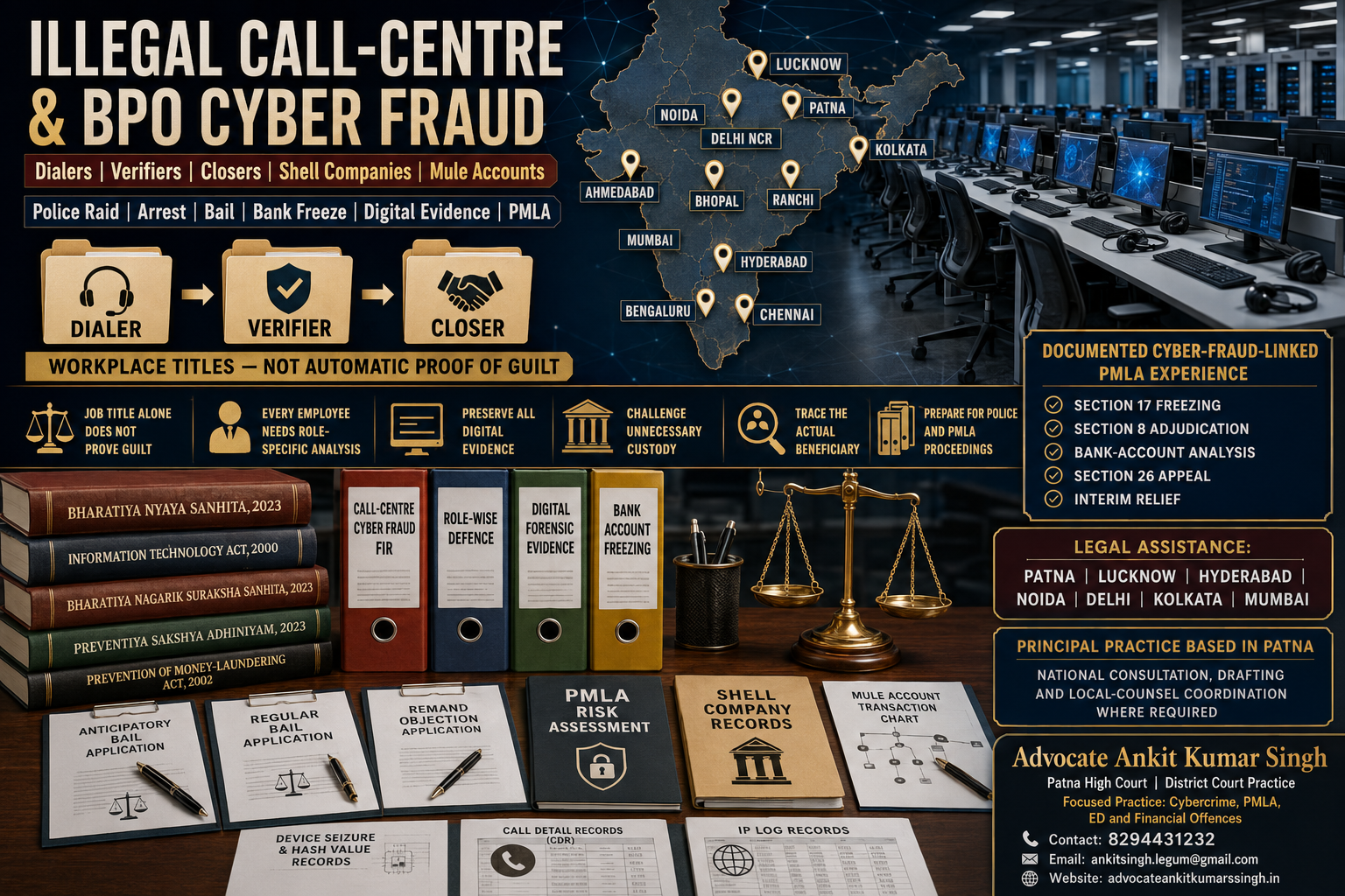 Cyber Fraud Call-Centre Case Lawyer for Lucknow, Patna, Hyderabad, Noida and Major Indian Cities. Illegal Call-Centre and BPO Cyber Fraud in India: Dialers, Verifiers, Closers, Arr