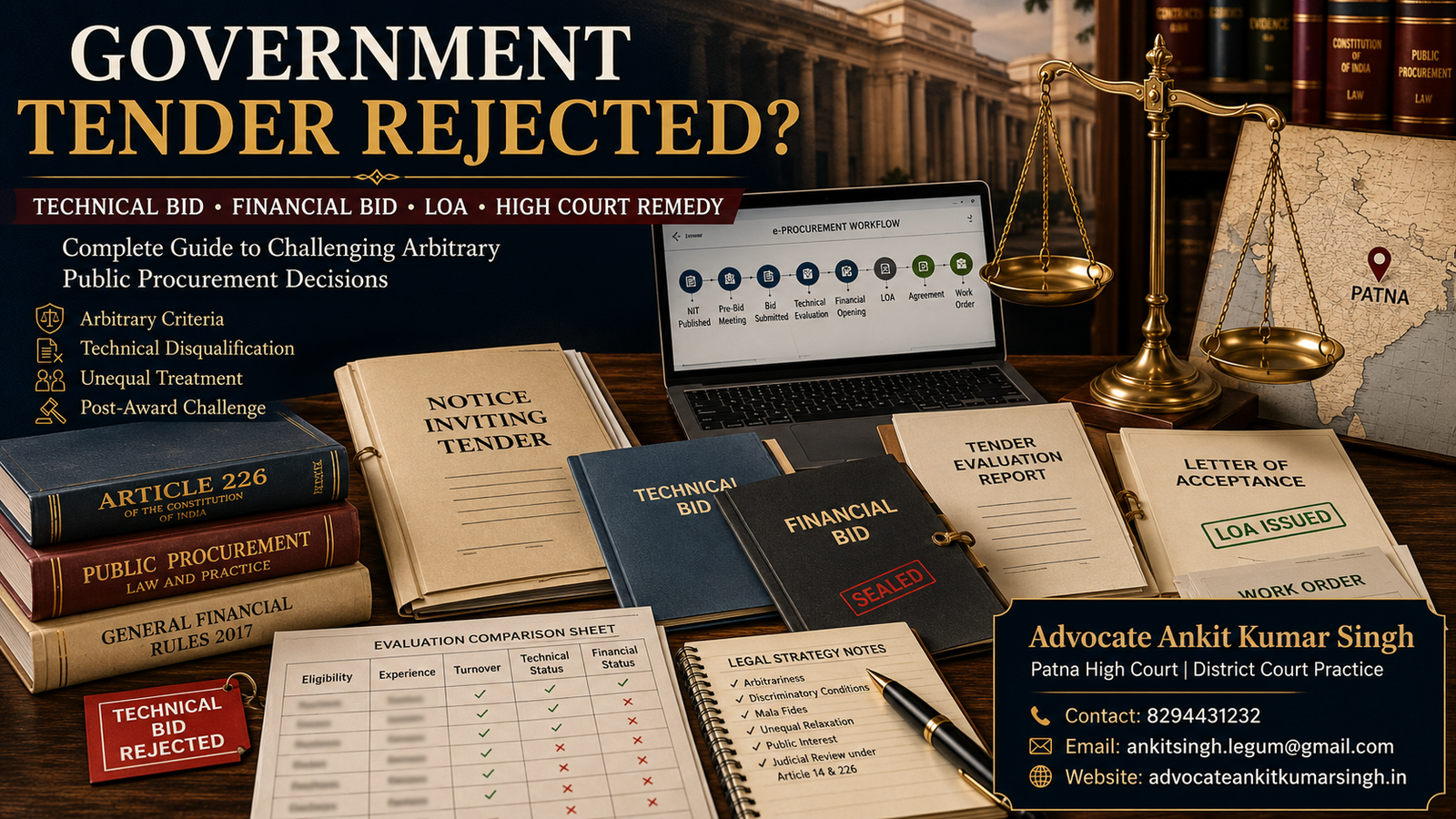 Government Tender Rejected? How to Challenge an Arbitrary Tender in the High Court. Government Tender Disqualification, Technical Bid Rejection and LOA Challenge.