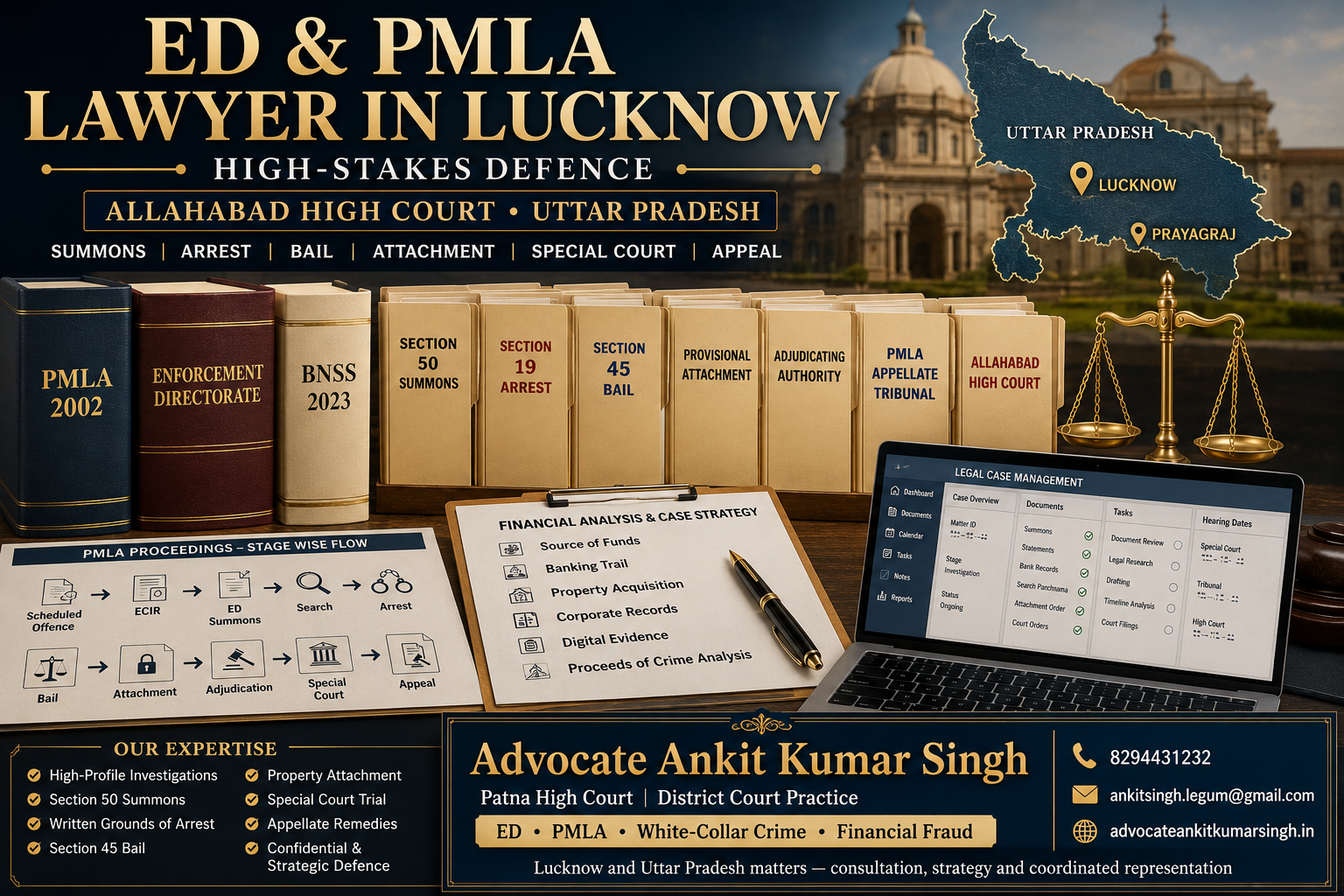 ED and PMLA Lawyer in Lucknow, Allahabad High Court and Uttar Pradesh: High-Stakes Defence Guide by Advocate Ankit Kumar Singh. High-Stakes ED/PMLA Matters in Lucknow and Prayagraj