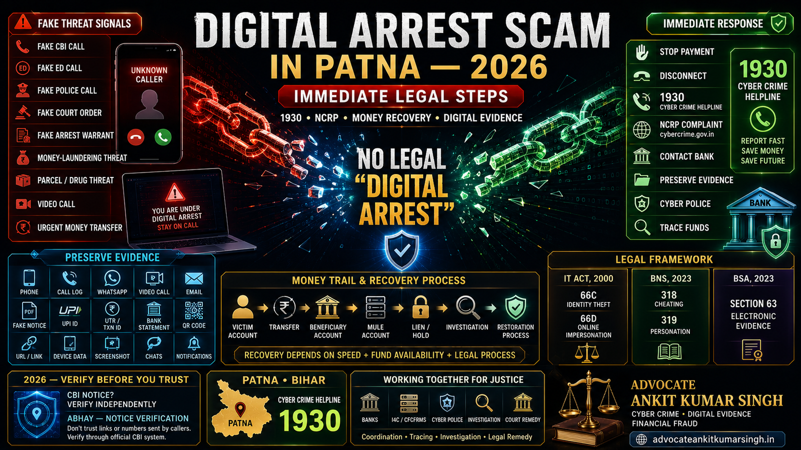 Digital Arrest Scam in Patna: Immediate Legal Steps, 1930 Complaint, Money Recovery and Evidence Guide 2026 — Advocate Ankit Kumar Singh