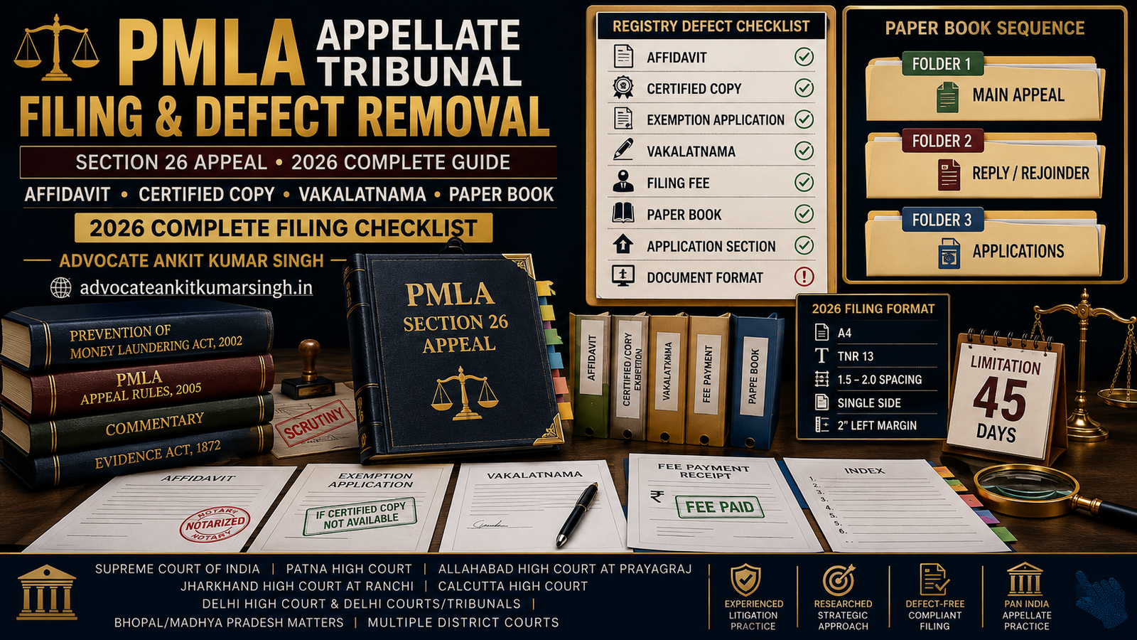 PMLA Appellate Tribunal Filing & Defect Removal: Complete 2026 Guide to Affidavit, Certified Copy, Vakalatnama, Paper Book, Fees & Registry Scrutiny – Advocate Ankit Kumar Singh