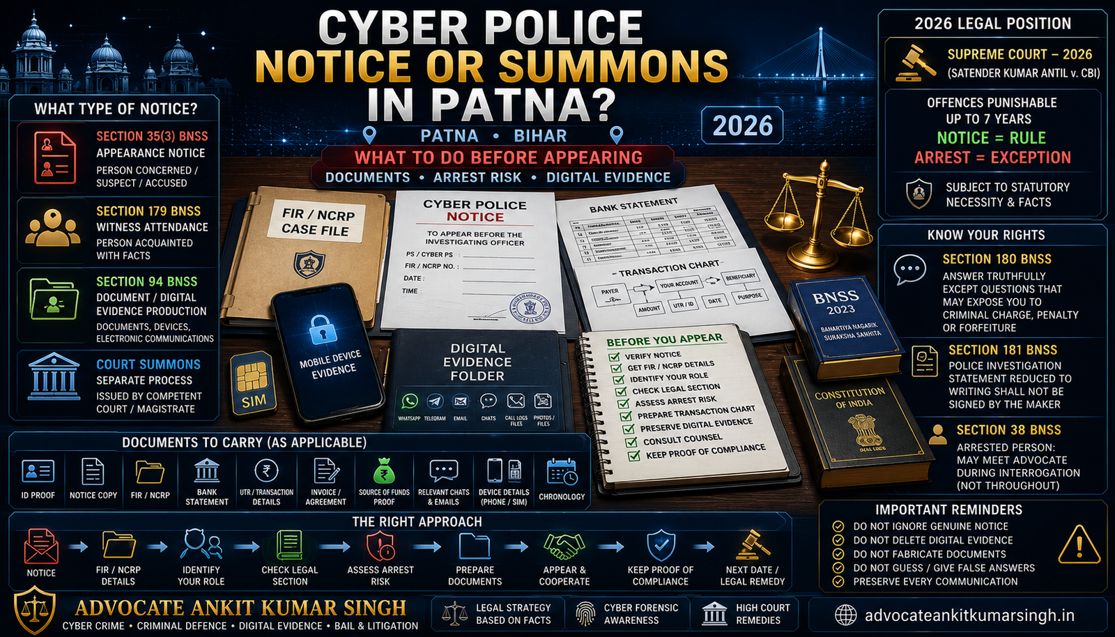 Cyber Police Notice or Summons in Patna: What to Do Before Appearing and Which Documents to Carry — Advocate Ankit Kumar Singh