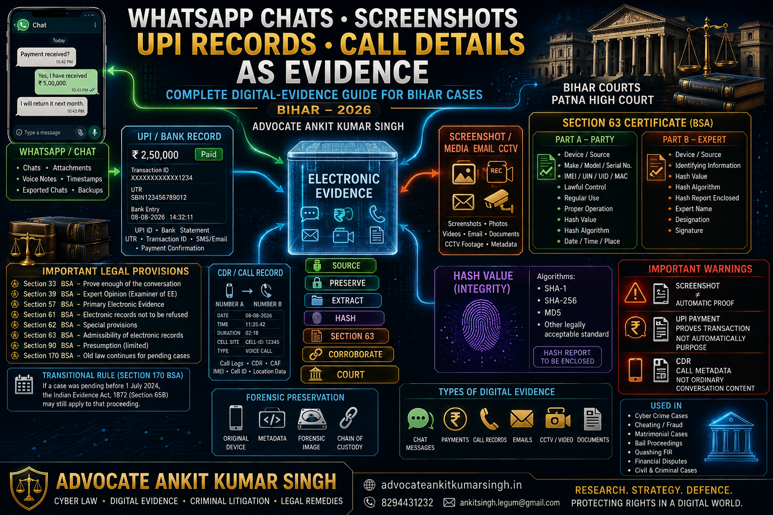 WhatsApp Chats, Screenshots, UPI Records and Call Details as Evidence: Complete Digital-Evidence Guide for Bihar Cases — Advocate Ankit Kumar Singh