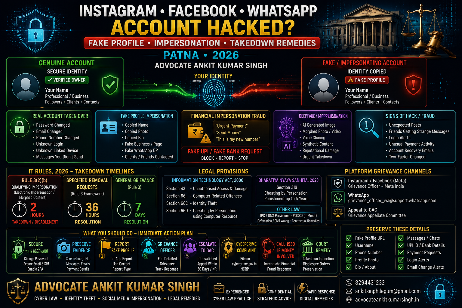 Instagram, Facebook or WhatsApp Account Hacked? Fake Profile, Impersonation and Takedown Remedies in Patna 2026 — Advocate Ankit Kumar Singh