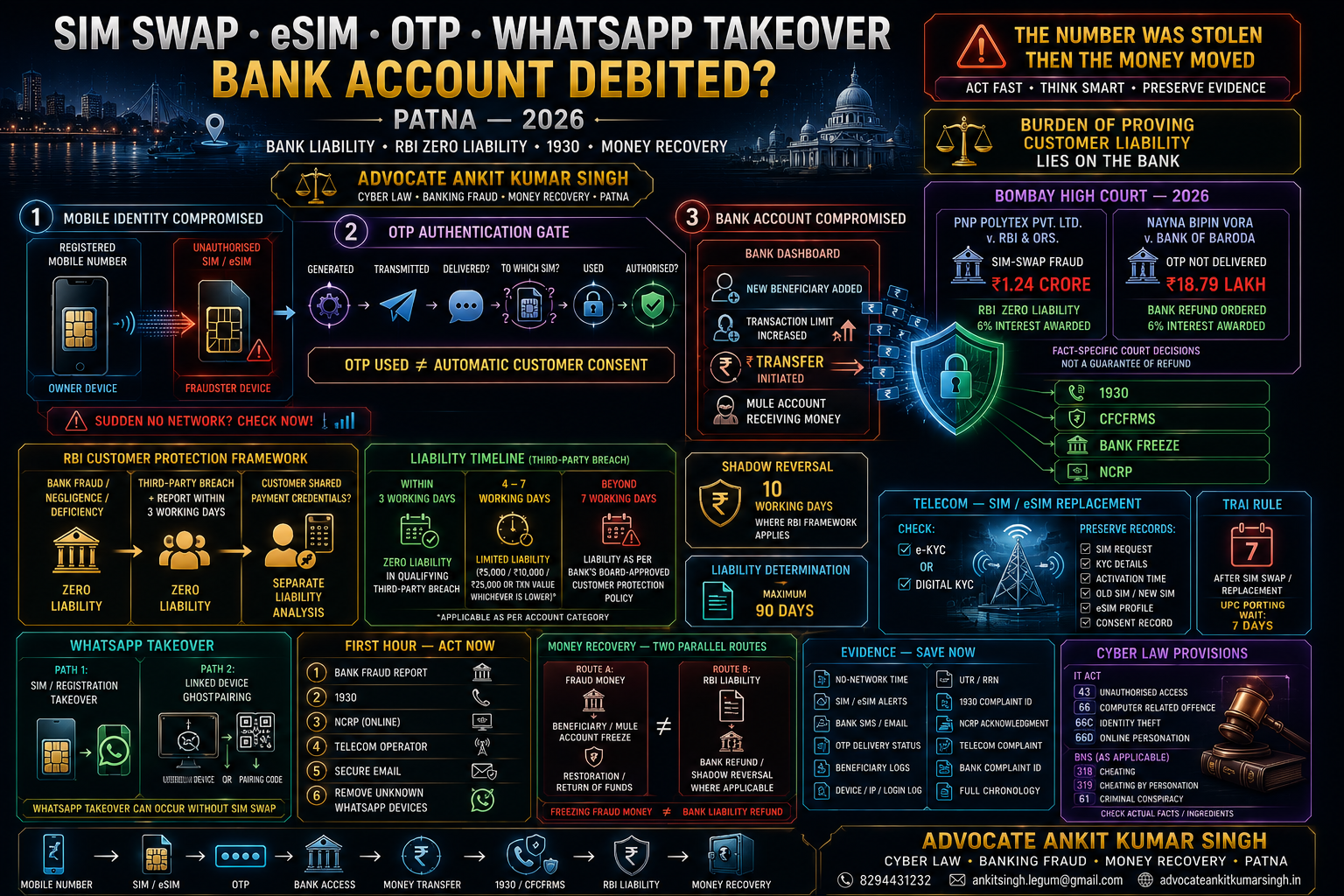 SIM Swap, eSIM, OTP and WhatsApp Takeover Fraud: Bank Liability and Money-Recovery Remedies in Patna 2026 — Advocate Ankit Kumar Singh
