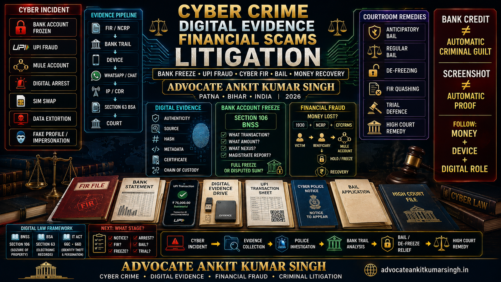 For Cyber Crime, Digital Evidence & Financial Scams (Litigation): Bank Freeze, UPI Fraud, Cyber FIR, Bail, Digital Evidence & Money-Recovery Guide — Advocate Ankit Kumar Singh