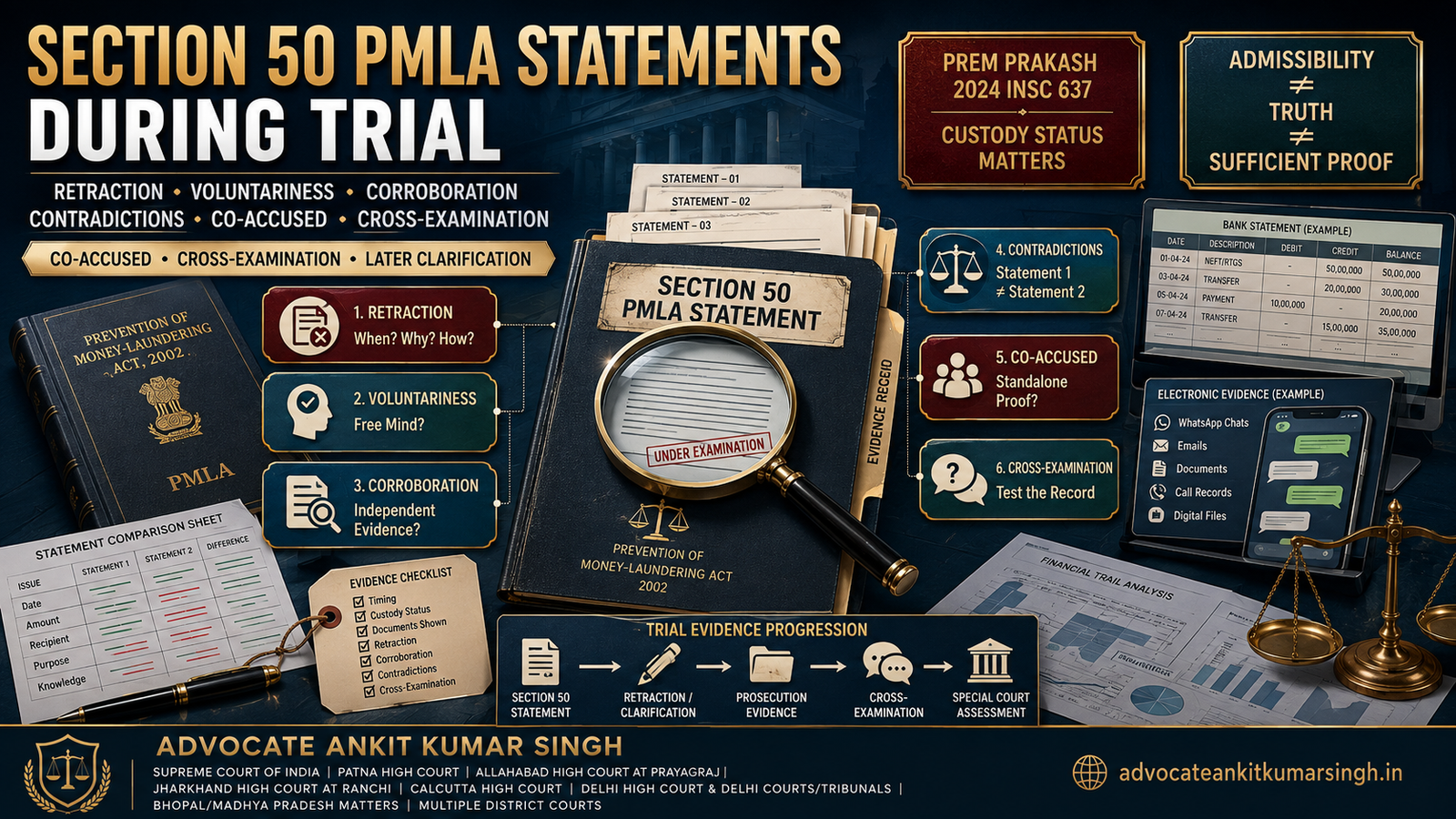 Use of Section 50 Statements During PMLA Trial: Retraction, Voluntariness, Corroboration, Contradictions, Later Clarification, Co-Accused Statements and Cross-Examination Strategy