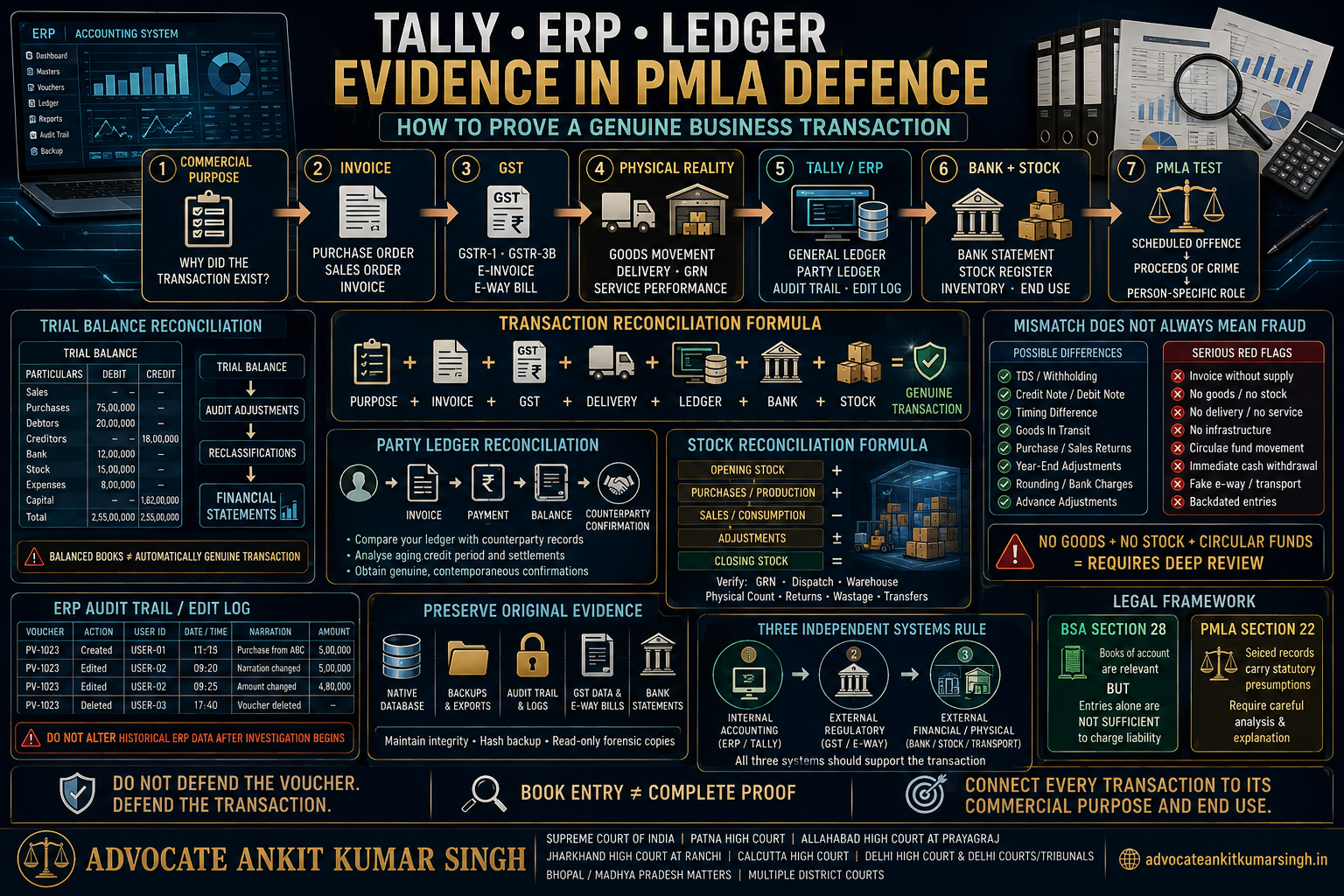 Tally, ERP and Ledger Evidence in PMLA Defence: How to Reconcile Invoices, GST Returns, Bank Statements, Trial Balance, Party Ledgers, Stock Registers and Actual Commercial Purpose