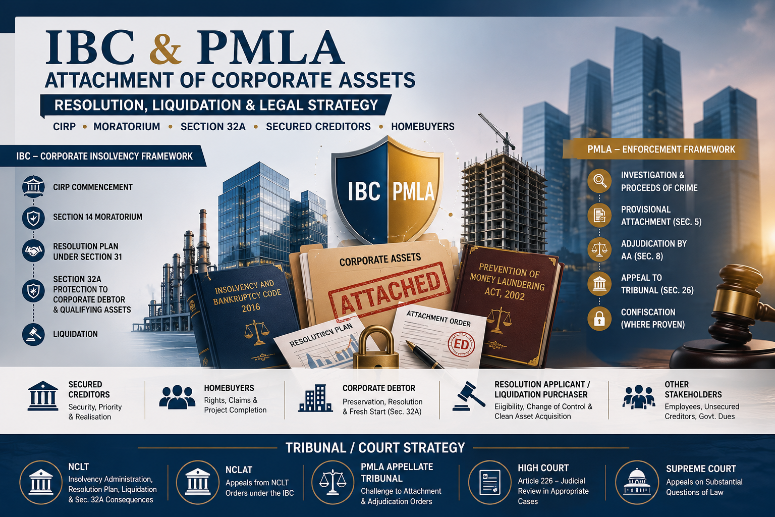 IBC Resolution, Liquidation and PMLA Attachment of Corporate Assets: CIRP, Moratorium, Section 32A, Secured Creditors, Homebuyers and Tribunal Strategy