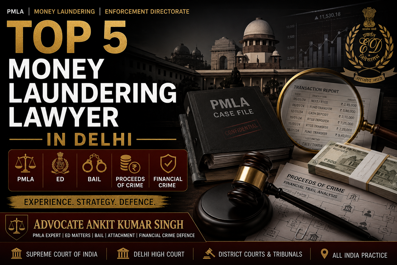 Top 5 Money Laundering Lawyers in Delhi (2026) – PMLA, ED, Bail & Financial Crime Defence