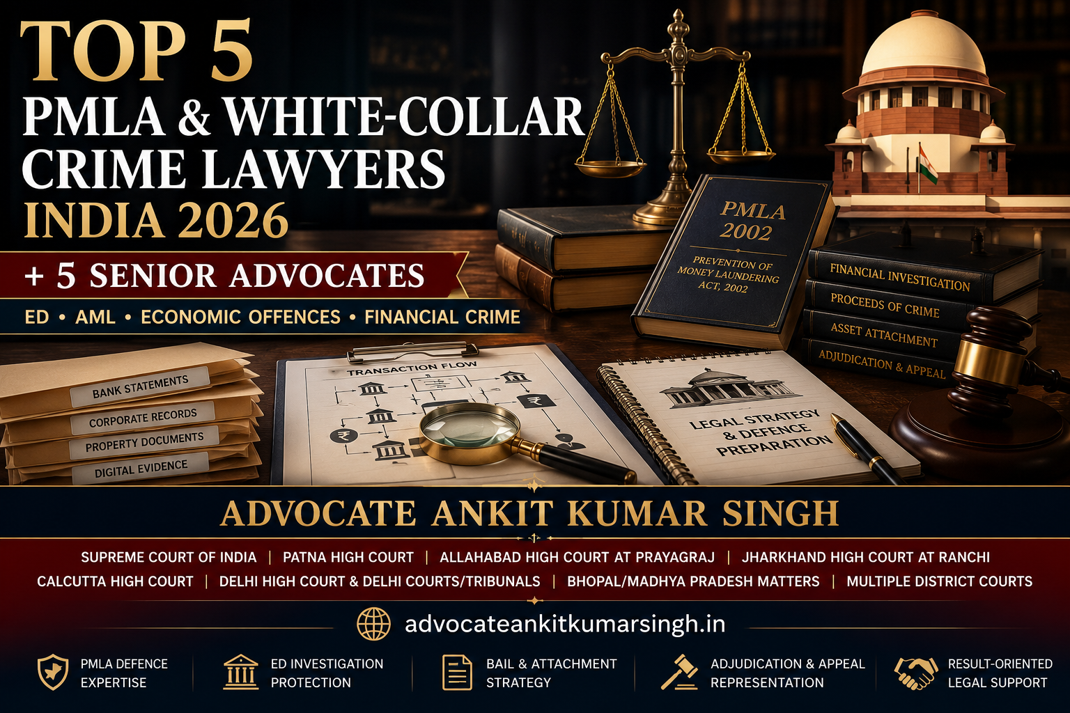 Top 5 Anti-Money Laundering & White-Collar Crime Lawyers in India (2026) + Top 5 Senior Advocates | ED / PMLA, Economic Offences & Financial Crime