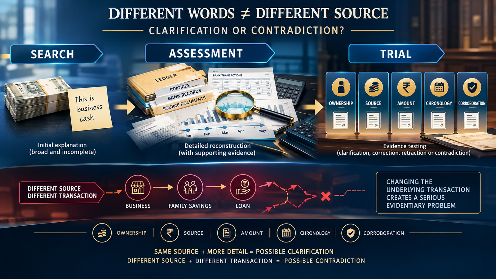 Why Do People Give Different Explanations for Cash at Search, Assessment and Trial - Does Changing Language Mean the Source Is False?