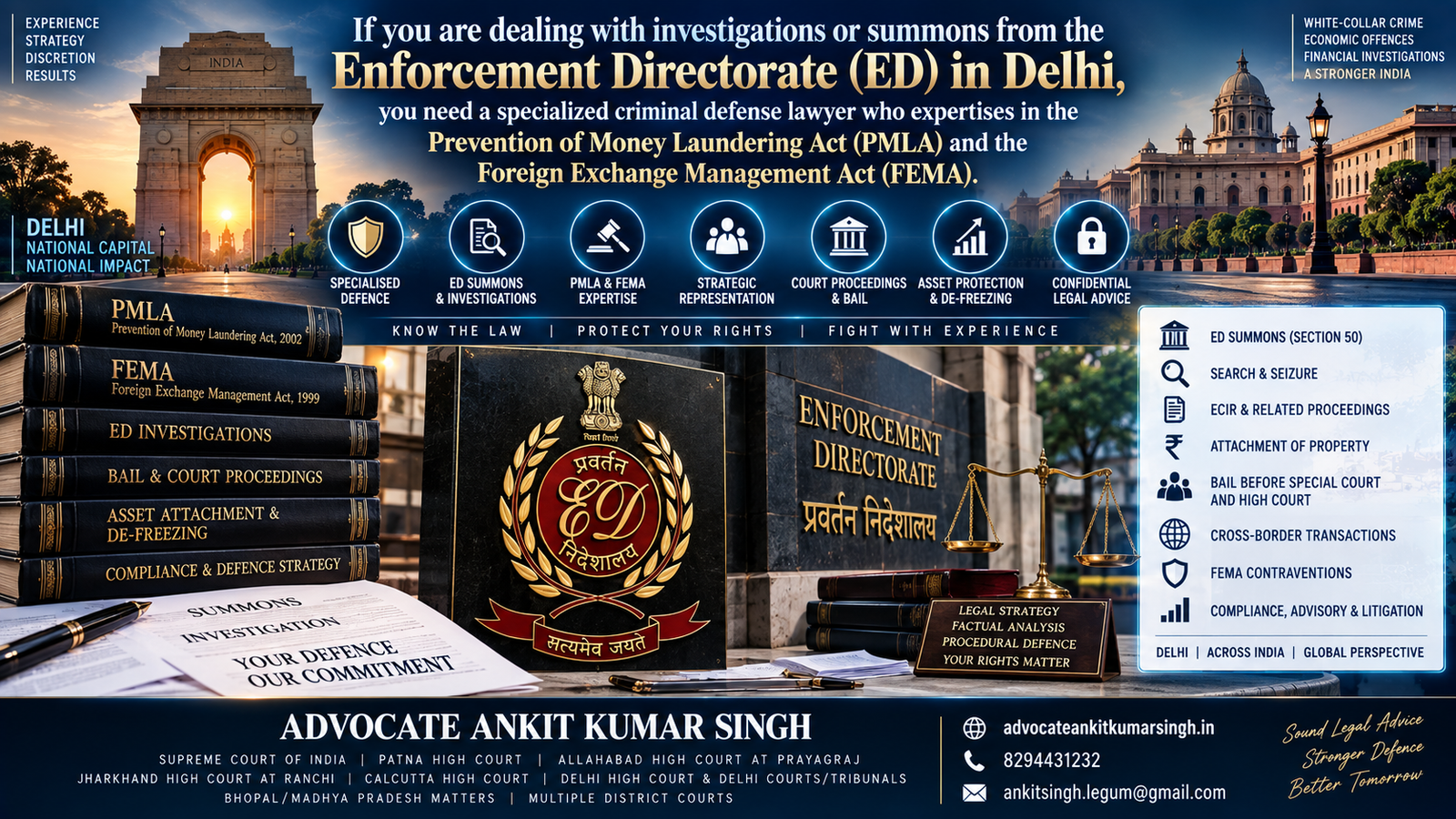 If you are dealing with investigations or summons from the Enforcement Directorate (ED) in Delhi, you need a specialized criminal defense lawyer who expertises in the PMLA