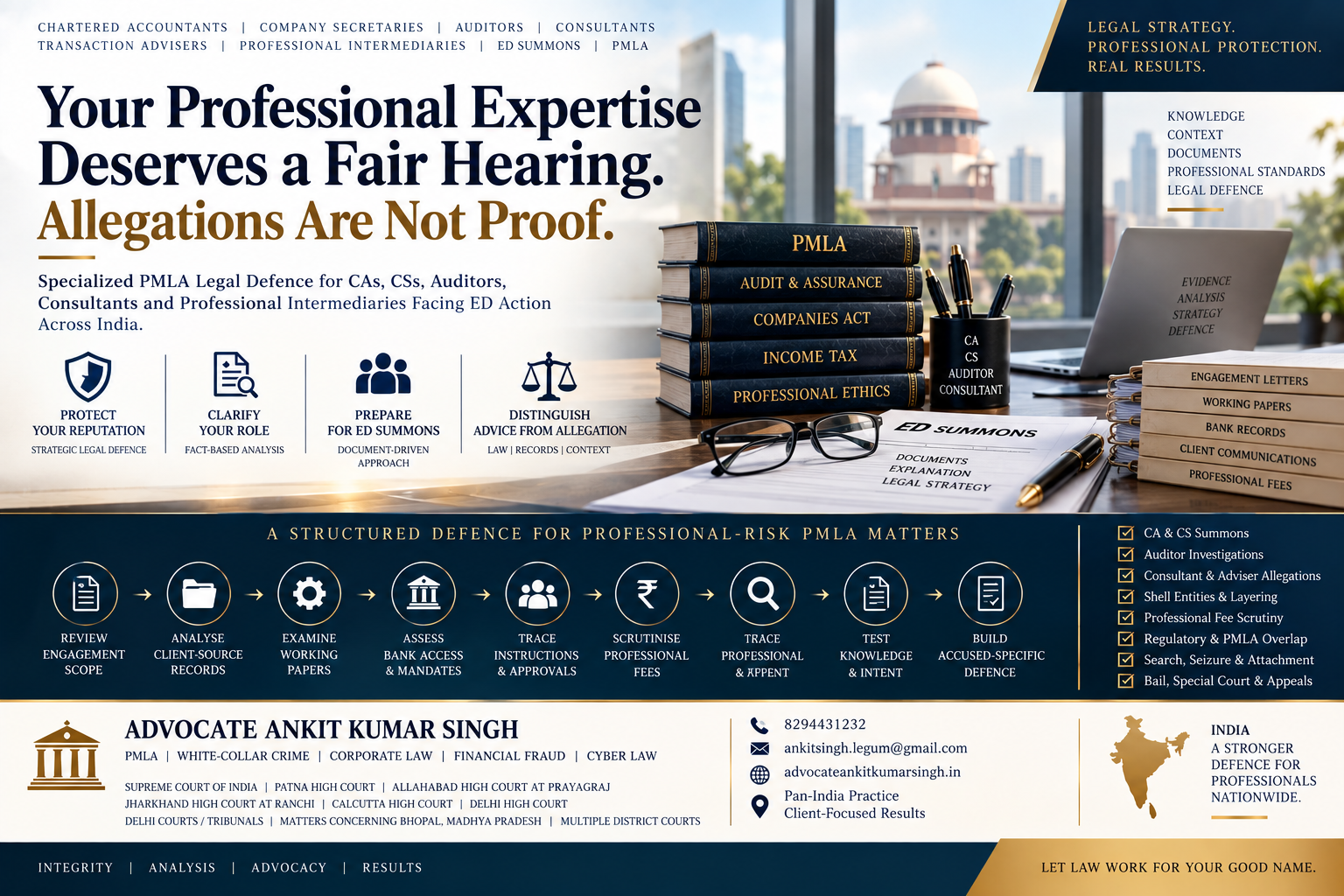 Specialized PMLA Lawyer in India for Chartered Accountants, Company Secretaries, Auditors and Professional Intermediaries Facing ED Action