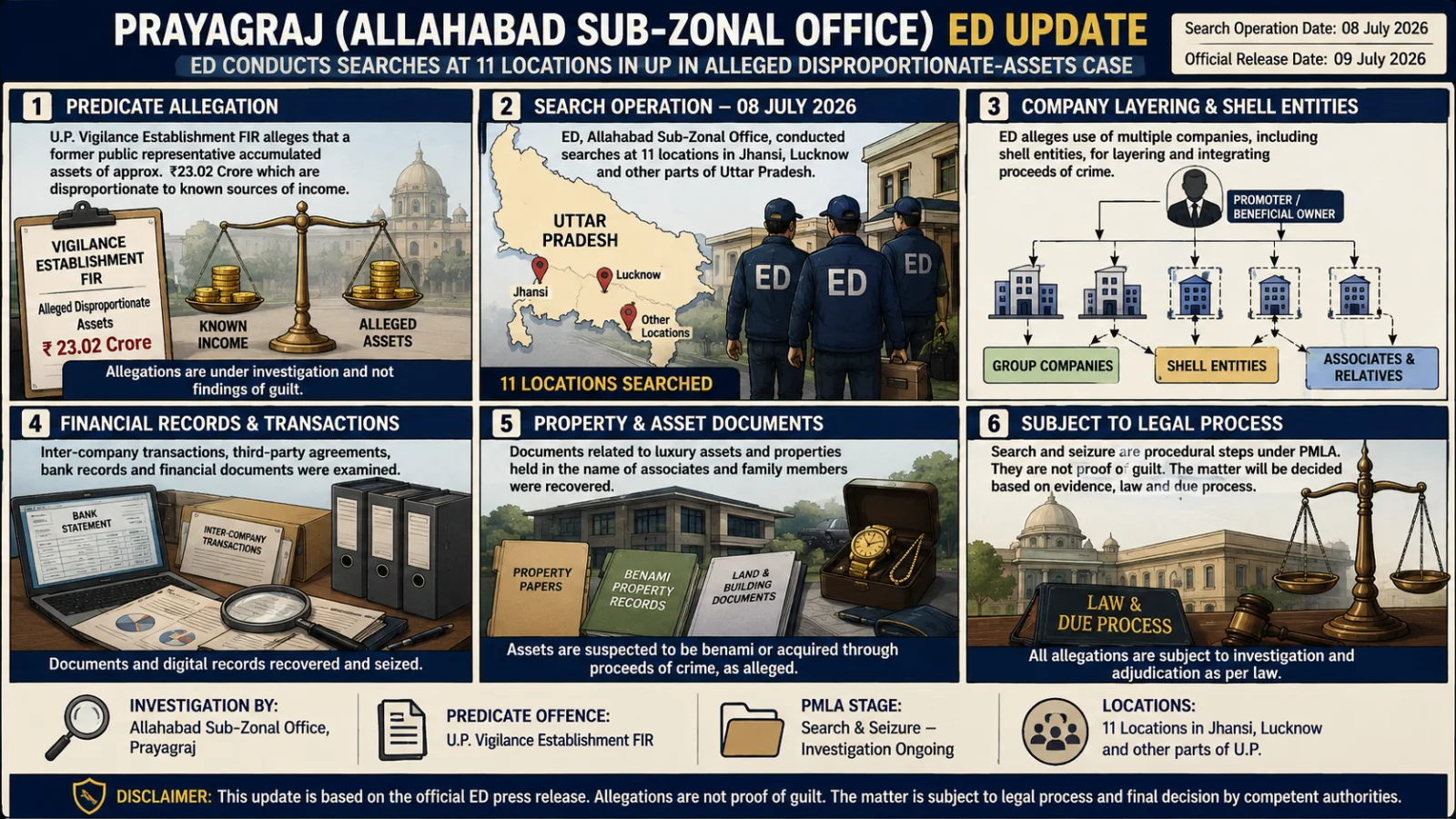 The image visually presents a Prayagraj-linked PMLA search through illustrated panels showing alleged disproportionate assets, company layering, financial-record review, property documents and the continuing legal process.