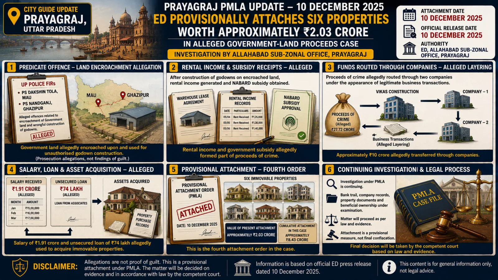 The image visually presents a Prayagraj-linked PMLA attachment through illustrated panels showing alleged land encroachment, rental income, company layering, property acquisition, provisional attachment and the continuing legal process.