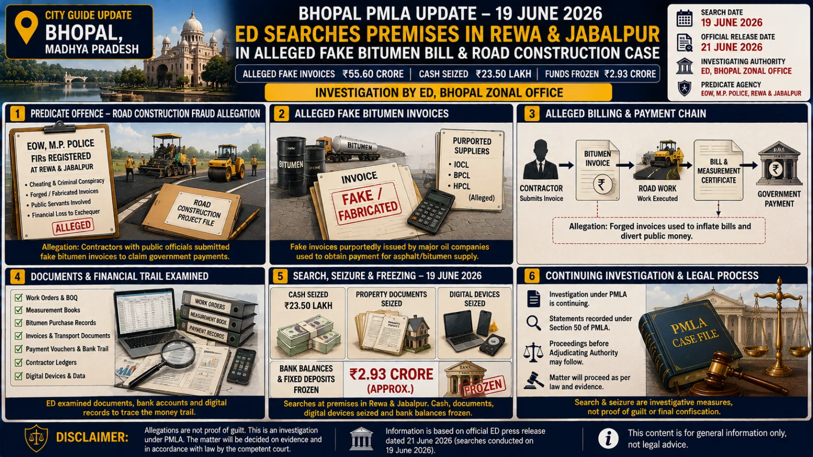 The image visually presents a Bhopal-linked PMLA road-contract search through illustrated panels showing alleged fake bitumen bills, government payments, financial records, frozen funds, search recoveries and the continuing legal process.