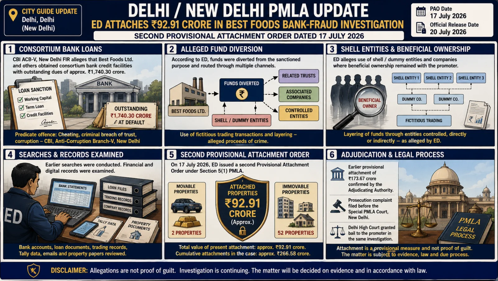 The image visually presents a New Delhi-linked PMLA bank-fraud case through illustrated panels showing alleged loan diversion, shell entities, property attachment, adjudication and the continuing legal process.