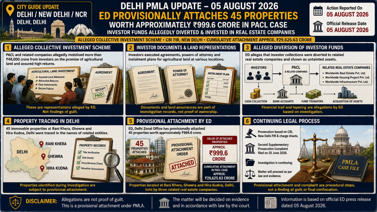 The image visually presents a Delhi/New Delhi/NCR PMLA attachment through illustrated panels showing investor collections, alleged fund diversion, property tracing, provisional attachment and the continuing legal process.