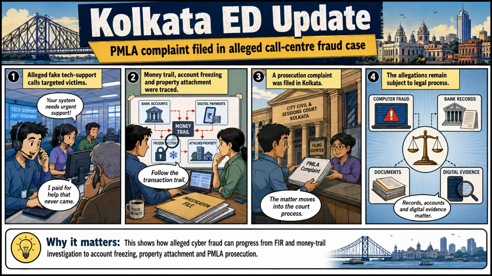 The image visually presents an alleged call-centre fraud case through illustrated panel scenes showing fake tech-support calls, money-trail investigation, account freezing, property attachment and filing of a PMLA prosecution complaint in K