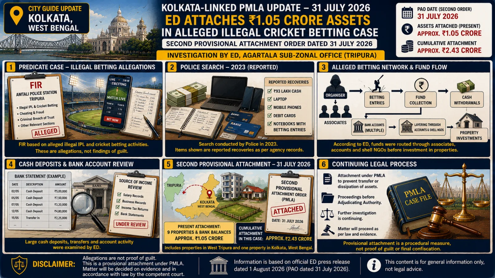 The image visually presents a Kolkata-linked PMLA attachment through illustrated panels showing alleged cricket betting, cash and bank trails, interstate property tracing, provisional attachment and the continuing legal process.