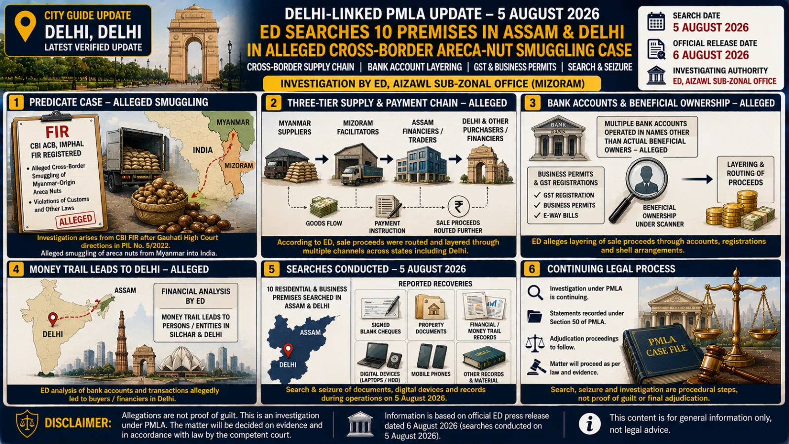 The image visually presents a Delhi-linked PMLA search through illustrated panels showing alleged cross-border smuggling, payment routes, bank-account layering, document seizures and the continuing legal process.