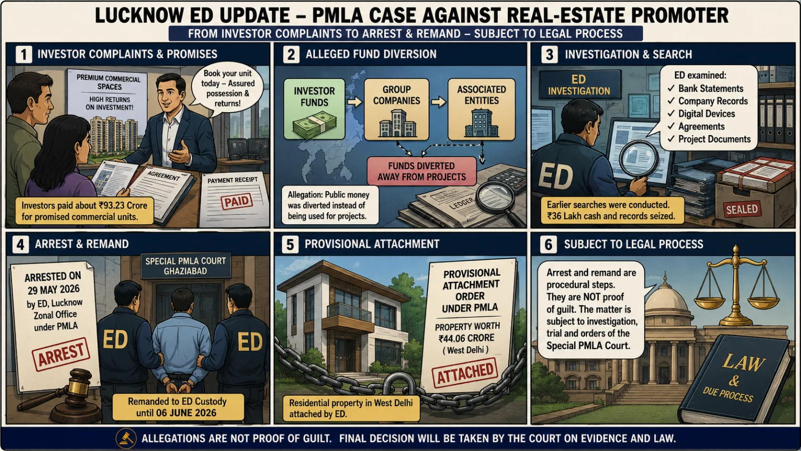 The image visually presents a Lucknow-linked PMLA real-estate investigation through illustrated panels showing investor complaints, alleged fund diversion, arrest and remand, prior attachment and the continuing legal process.