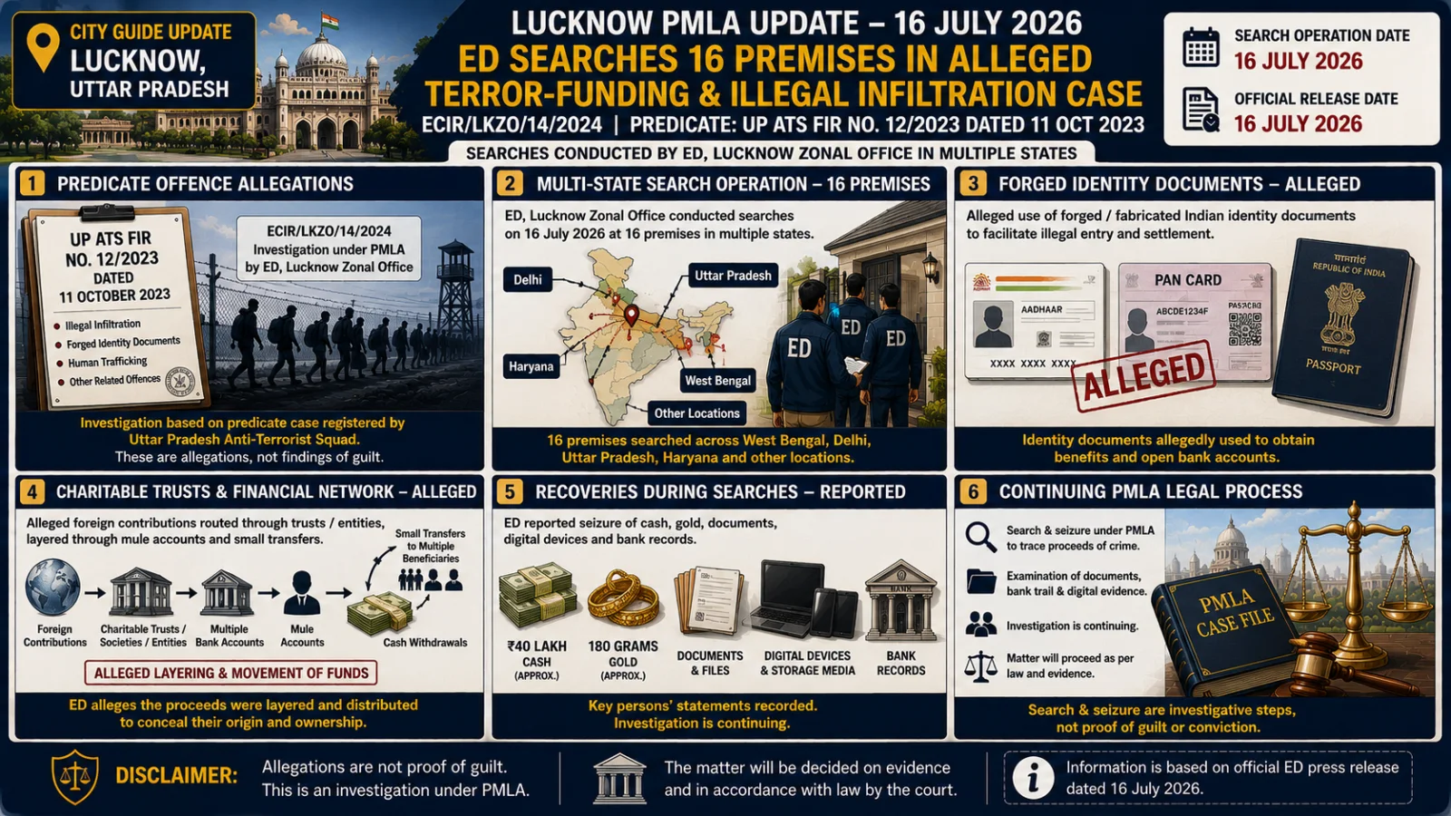 The image visually presents a Lucknow-linked PMLA search through illustrated panels showing alleged illegal infiltration, forged identity records, trust-linked funds, mule accounts, search recoveries and the continuing legal process.