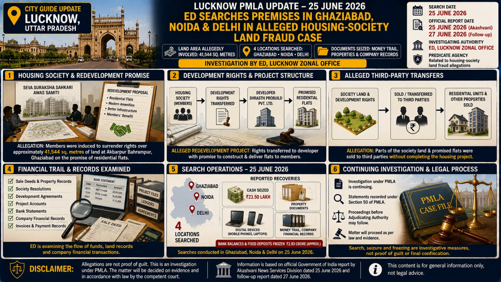 The image visually presents a Lucknow-linked PMLA housing-society search through illustrated panels showing alleged land-rights misuse, redevelopment promises, third-party sales, financial records and the continuing legal process.