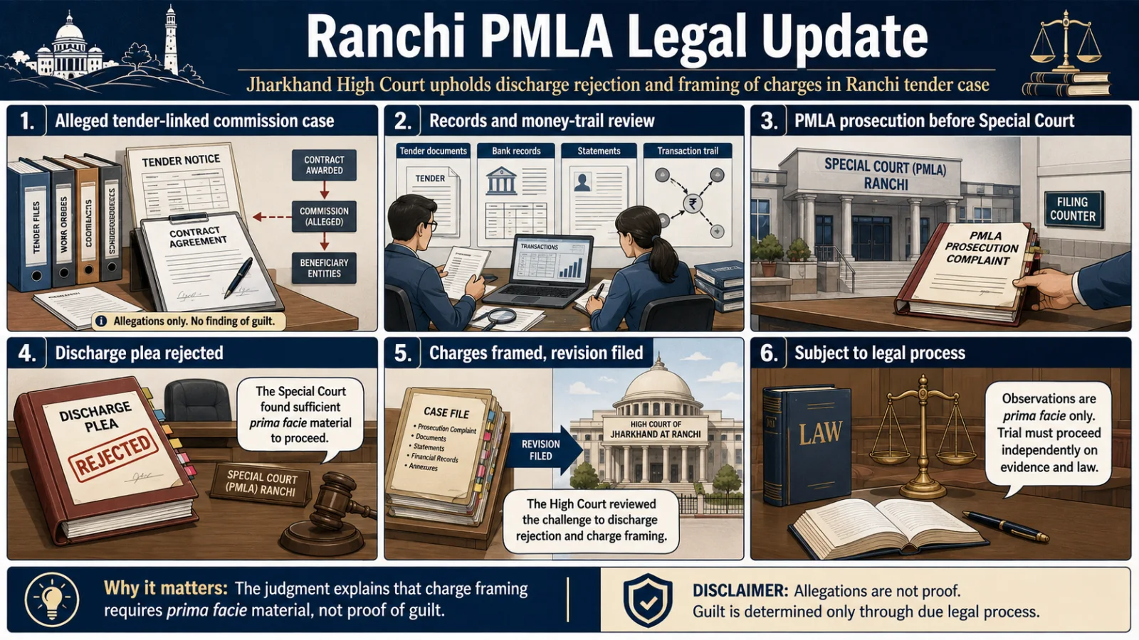 The image visually presents a Ranchi PMLA tender-case judgment through illustrated panels showing alleged commission flows, financial records, discharge proceedings and charge framing, concluding with the matter subject to legal process.